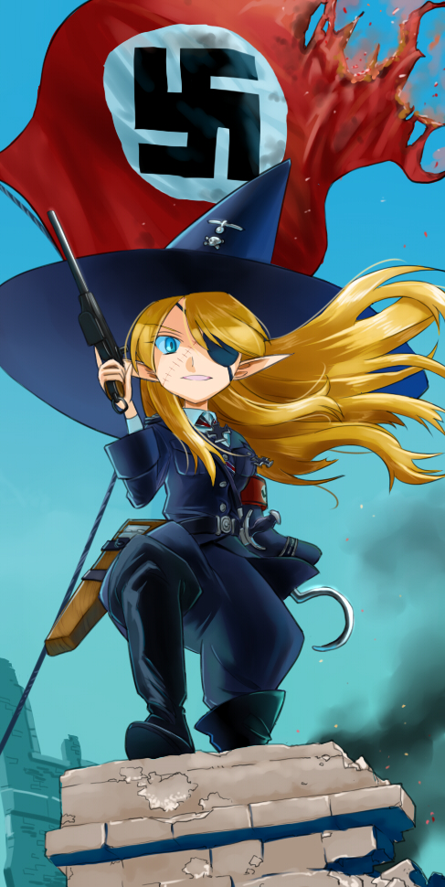 1girl, armband, belt, blonde_hair, dicke_bertha, eyepatch, flag, german