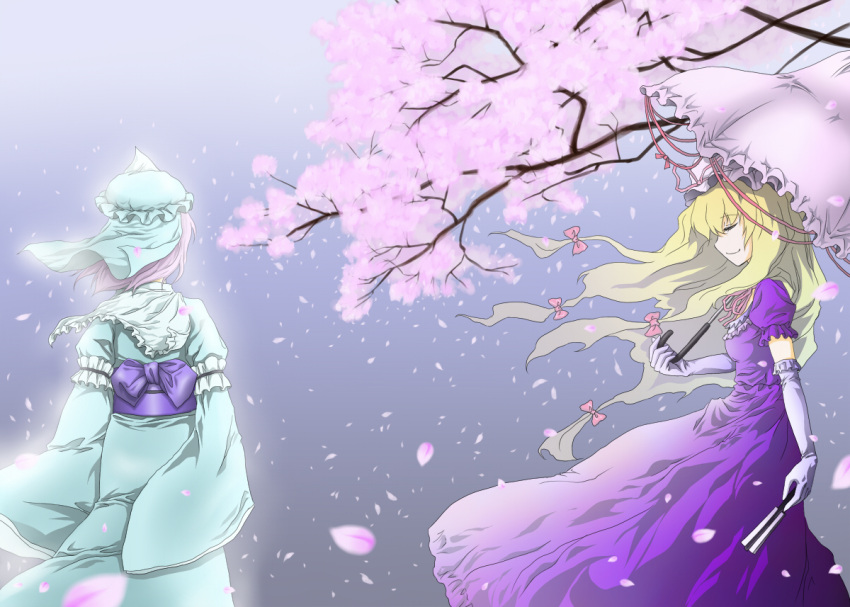 closed_eyes, hadi, hat, ribbon, saigyouji_yuyuko, touhou, umbrella, yakumo_yukari