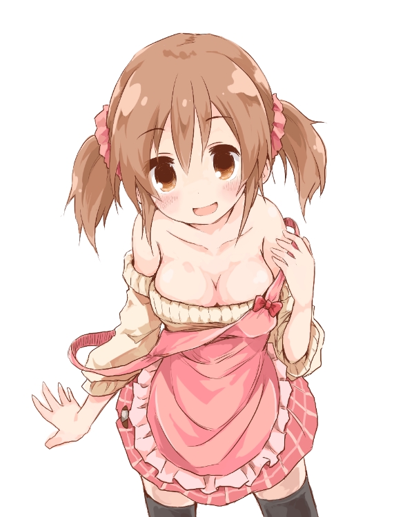 1girl, :d, apron, blush, breasts, brown_eyes, brown_hair, cleavage