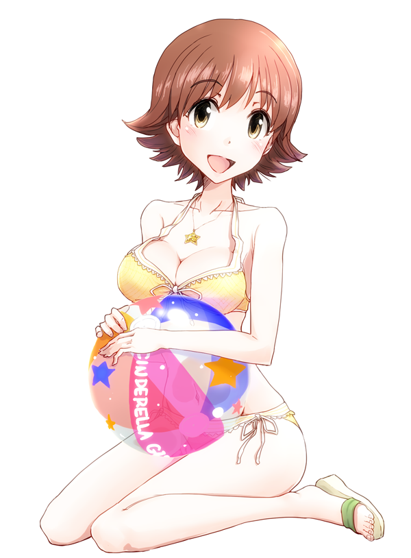 1girl, aidama_(td1143), ball, beachball, bikini, brown_eyes, brown_hair, honda_mio