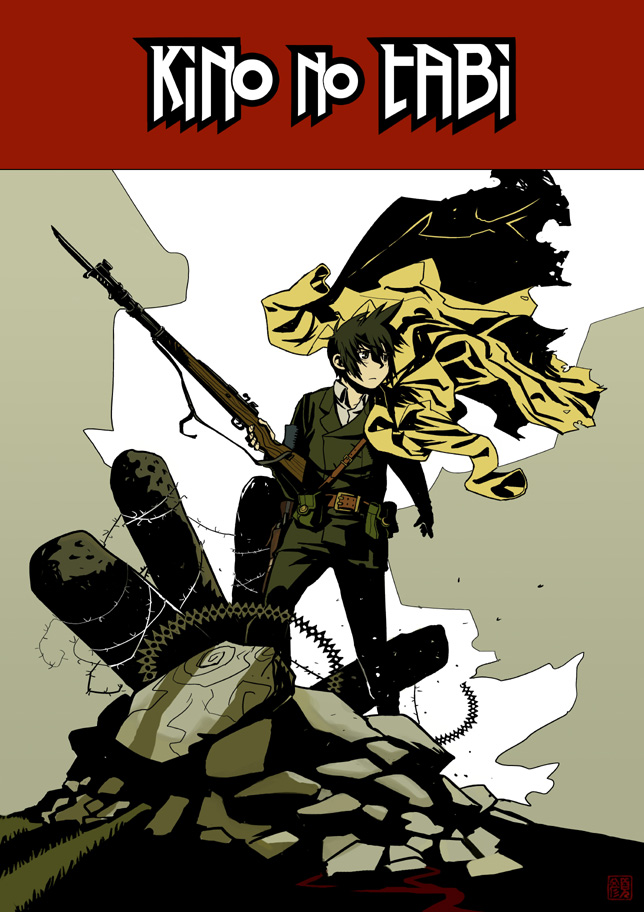 barbed_wire, bayonet, belt, black_hair, carolyn_gan, coat, gun, hellboy_(comic), kino, kino_no_tabi, parody, reverse_trap, rifle, weapon