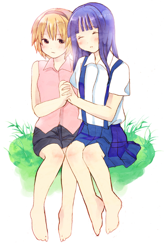 bad_id, barefoot, blonde_hair, blush, brown_eyes, closed_eyes, denim, denim_shorts