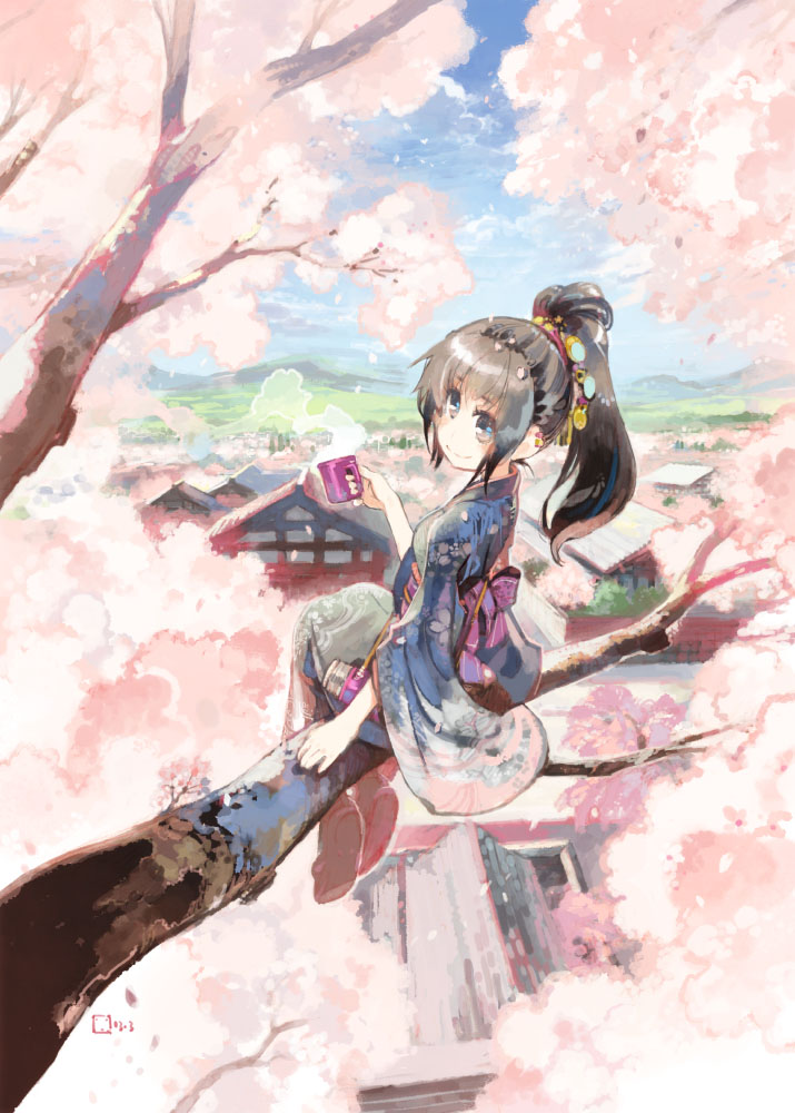 1girl, black_hair, blue_eyes, branch, cherry_blossoms, cup, hair_ornament, japanese_clothes, kimono, konno_takashi_(frontier_pub), long_hair, looking_back, original, ponytail, sitting, smile, solo, steam, tree