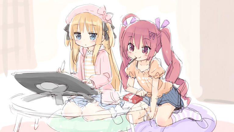 2girls, blonde_hair, blue_eyes, blush, casual, drill_hair, hair_ornament, hair_ribbon, hat, hazuki_watora, hoodie, jpeg_artifacts, kneehighs, long_hair, mouth_hold, multiple_girls, original, peko, pocky, red_eyes, redhead, ribbon, shimotsuki_potofu, shirt, sketch, skirt, smile, striped, striped_legwear, striped_shirt, style, table, tablet, twin_drills, two_side_up