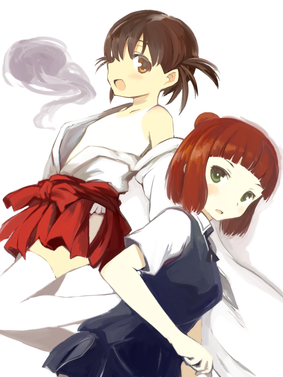 2girls, flat_chest, green_eyes, hair_bun, highres, japanese_clothes, miko, multiple_girls