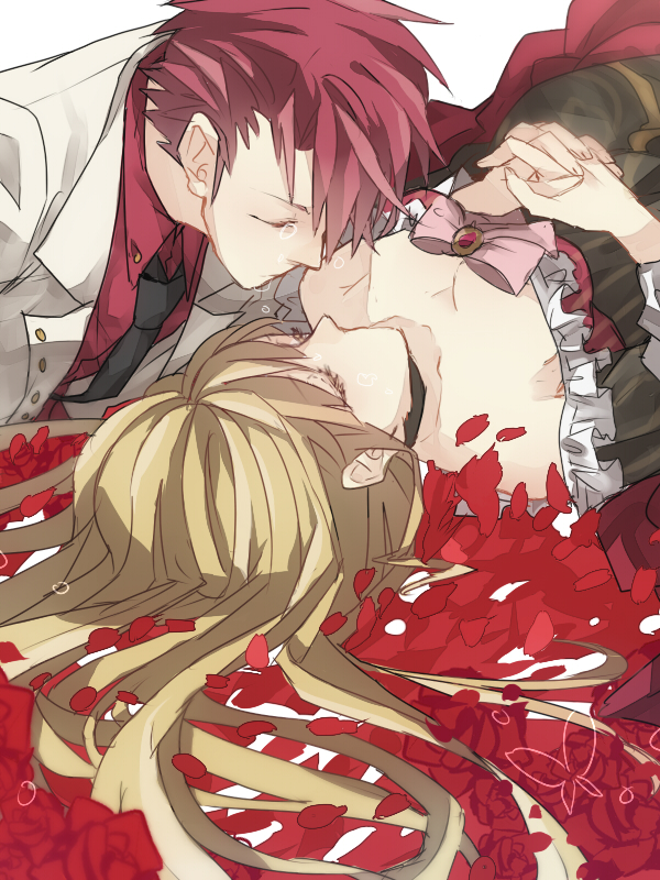 1boy, 1girl, alternate_hairstyle, beatrice, blonde_hair, bow, breasts, butterfly, choker, cleavage, closed_eyes, collarbone, death, dress, formal, frills, hands_clasped, long_hair, lovemaronmeru0827, necktie, no_mouth, petals, redhead, rose_petals, rough, sad, spoilers, suit, tears, umineko_no_naku_koro_ni, ushiromiya_battler