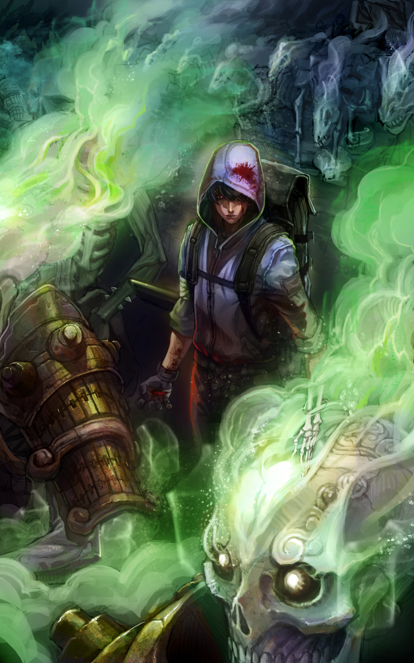 1boy, absurdres, backpack, bag, black_hair, blood, ghost, gloves, glowing, glowing_eyes, hellsing7, highres, monster, original, short_hair, skeleton, smoke, standing