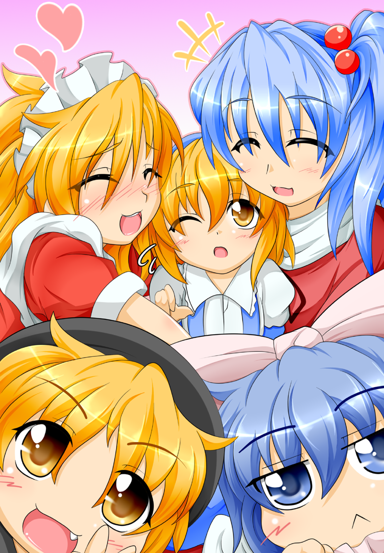 5girls, alice_margatroid, alice_margatroid_(pc-98), blonde_hair, blue_eyes, blue_hair, blush, hair_bobbles, hair_ornament, heart, hug, kokujuuji, mai_(touhou), maid, multiple_girls, mystic_square, shinki, silver_hair, touhou, touhou_(pc-98), yellow_eyes, yuki_(touhou), yumeko