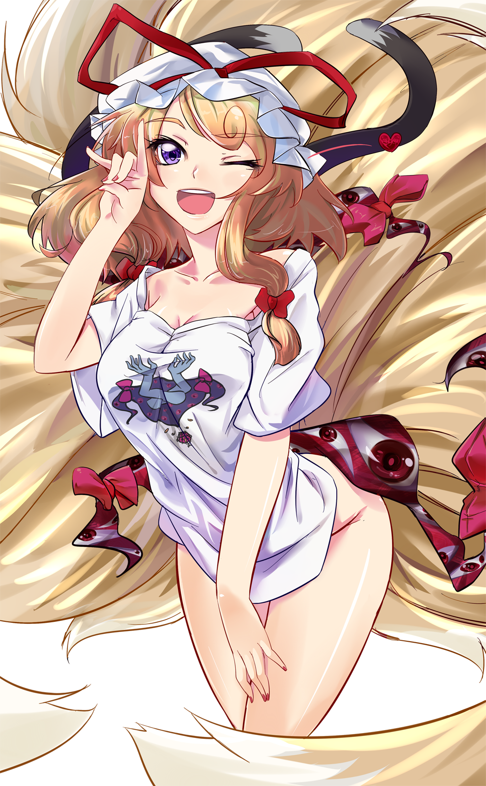 1girl, bow, cat_tail, eyes, fingernails, gap, hair_bow, hat