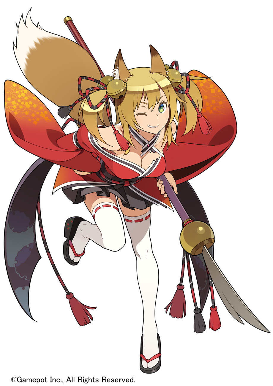1girl, ;), animal_ears, bare_shoulders, bell, blonde_hair, breasts, cleavage