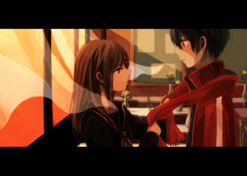 1boy, 1girl, ayano_(kagerou_project), black_hair, brown_hair, hair_ornament, hairclip, kagerou_project