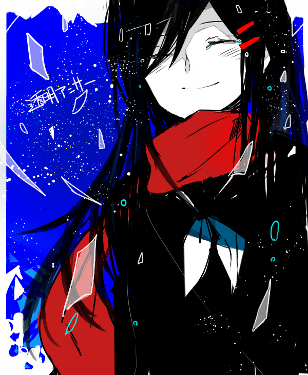 1girl, ayano_(kagerou_project), black_hair, glass_shards, kagerou_project, long_hair, scarf, school_uniform