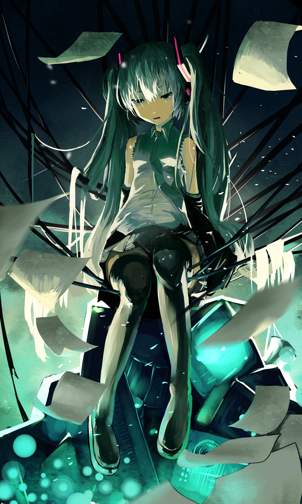 1girl, boots, detached_sleeves, ghostas, green_eyes, green_hair, hatsune_miku, highres