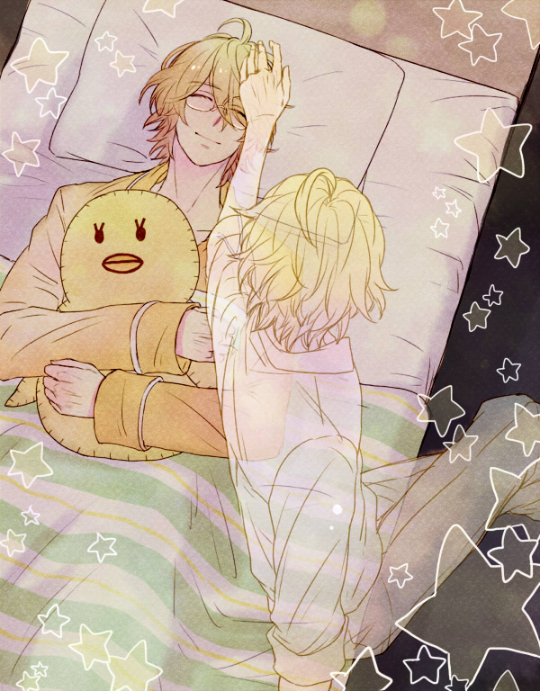 2boys, ahoge, blonde_hair, dual_persona, glasses, haruka3_(deyaadaa), multiple_boys, shinomiya_natsuki