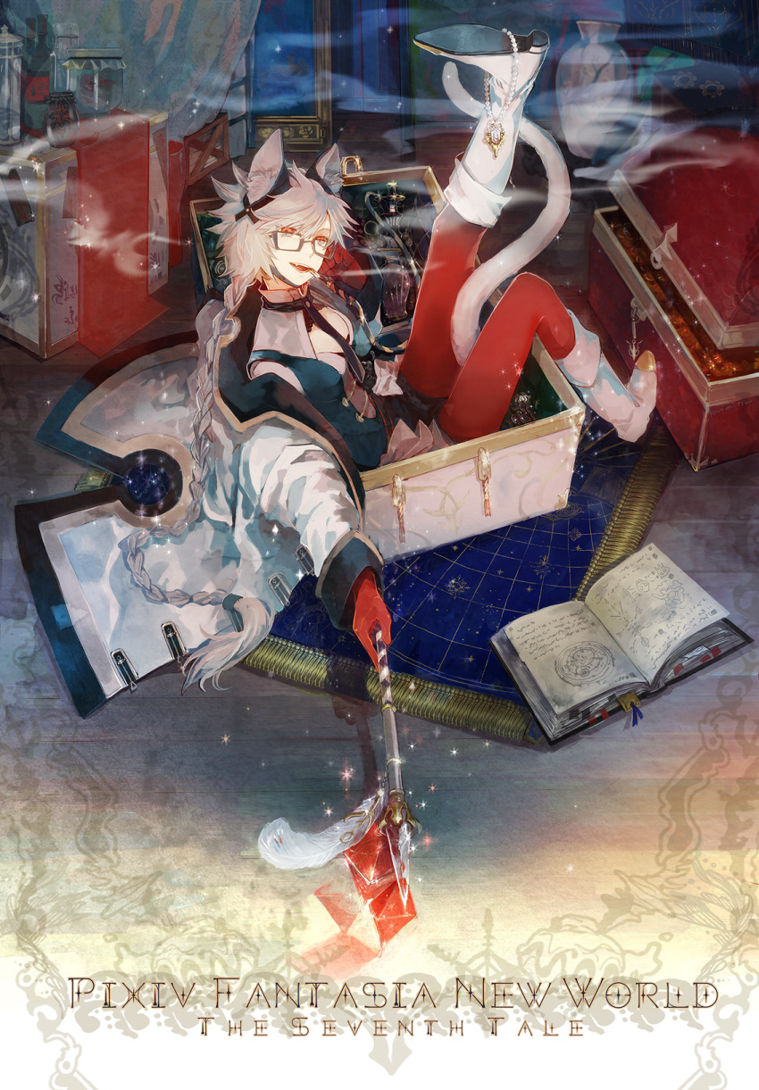 1girl, animal_ears, book, boots, braid, breasts, cat_ears, cat_tail