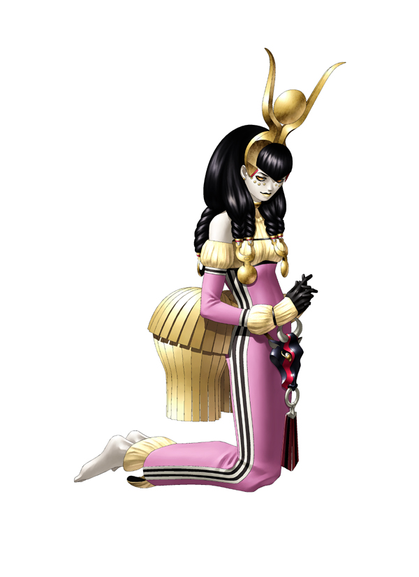 black_hair, braids, demon, female, hathor, persona, pink_dress, shin_megami_tensei