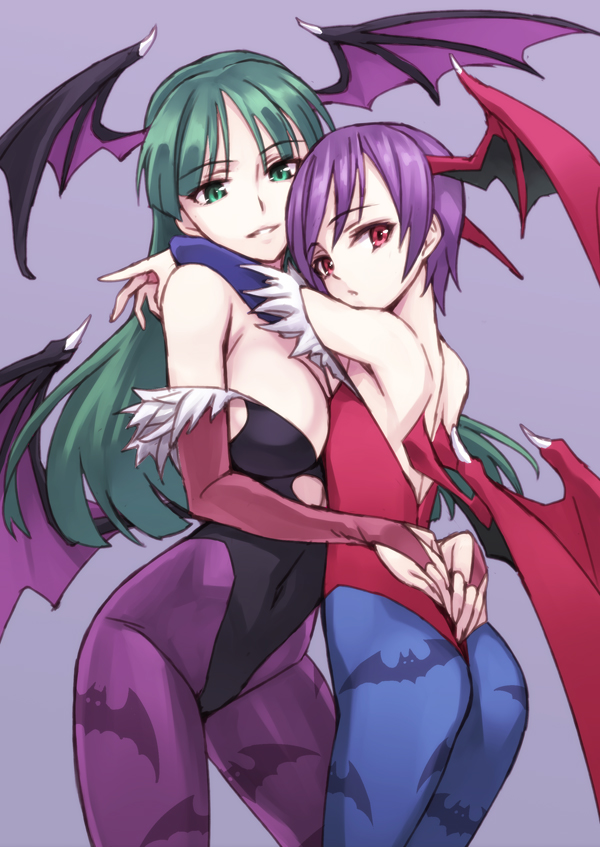2girls, ass, bat_print, blue_legwear, breasts, bridal_gauntlets, demon_wings, flat_chest