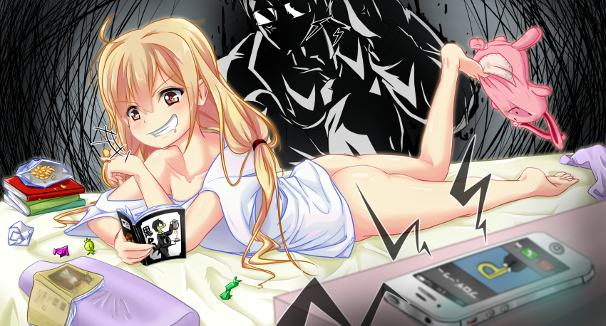 1girl, ahoge, ass, barefoot, blonde_hair, fluegel, futaba_anzu, grin, highres, idolmaster, idolmaster_cinderella_girls, long_hair, lying, no_panties, off_shoulder, producer_(idolmaster), saliva, smile, solo, stuffed_animal, stuffed_bunny, stuffed_toy, twintails