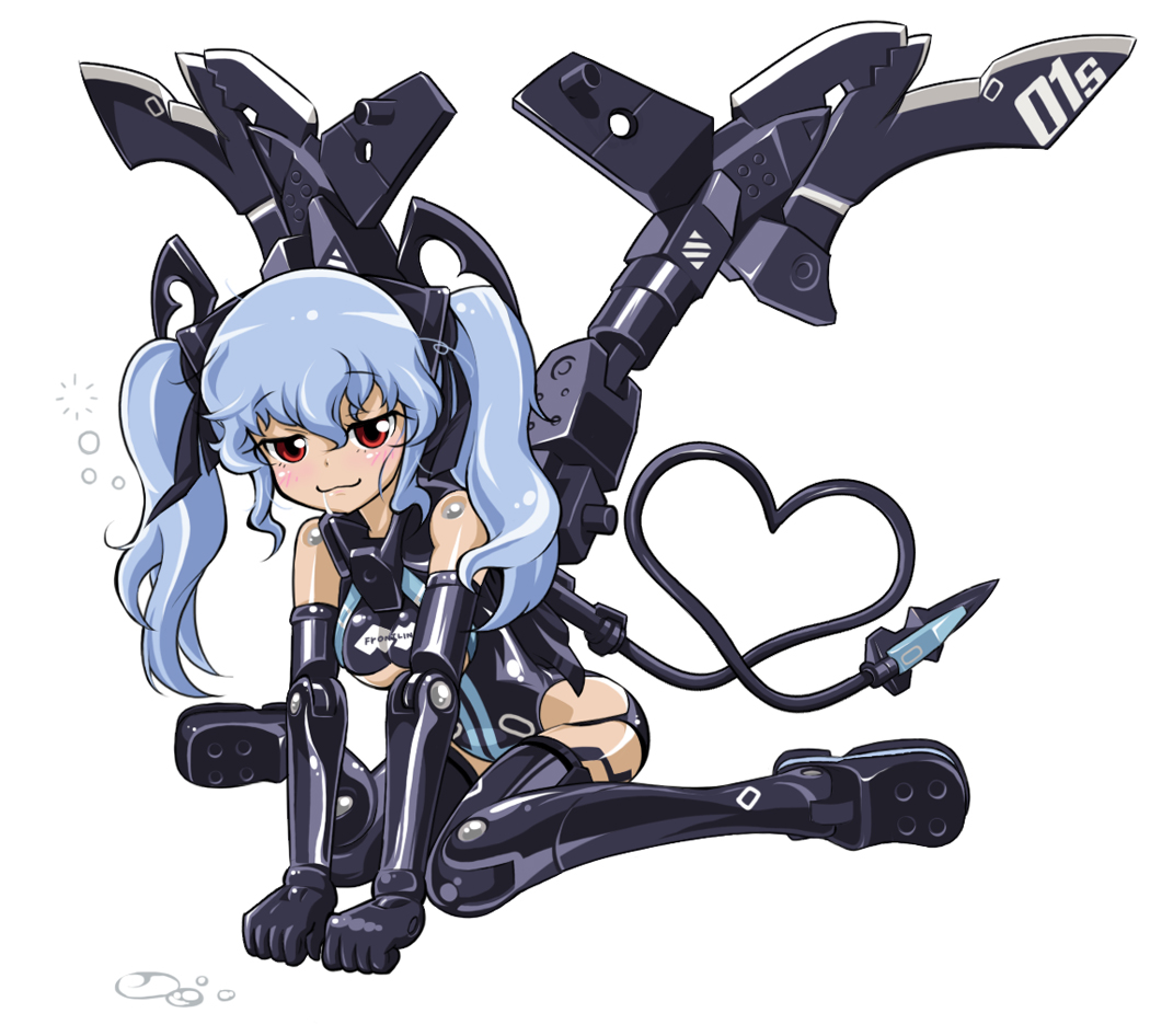 1girl, :3, armor, black_legwear, blue_hair, boots, breasts, busou_shinki
