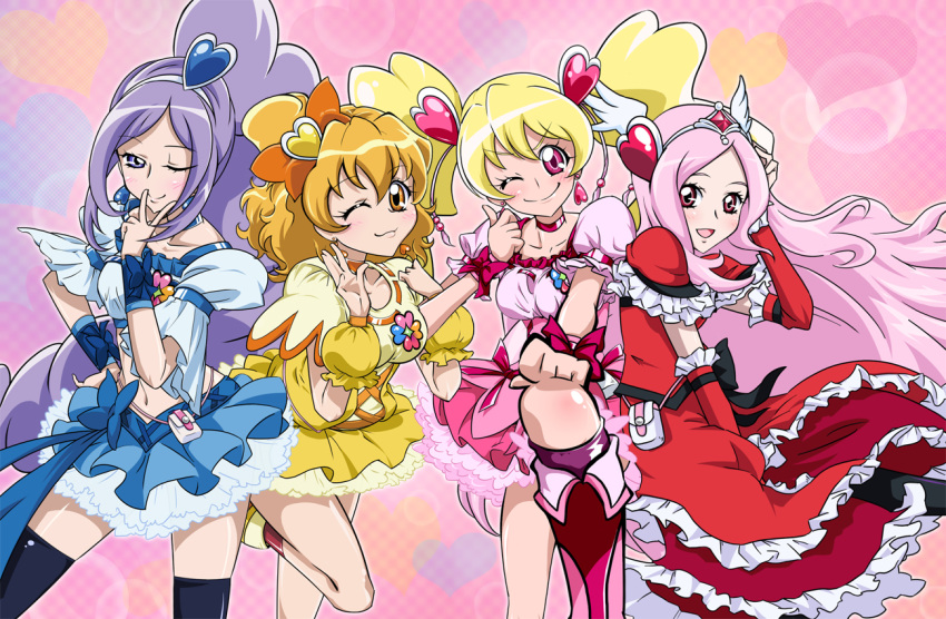 4girls, aono_miki, black_legwear, blonde_hair, blush, boots, bow, brown_eyes, brown_hair, choker, corset, cure_berry, cure_passion, cure_peach, cure_pine, dress, earrings, fresh_precure!, frills, hair_bow, hairband, head_wings, heart, heart_background, higashi_setsuna, jewelry, long_hair, magical_girl, momozono_love, multiple_girls, pantyhose, pink_background, pink_eyes, pink_hair, precure, purple_hair, red_eyes, shiny, shiny_skin, short_hair, side_ponytail, sinko_(sinsin), skirt, smile, standing_on_one_leg, thigh-highs, tiara, twintails, violet_eyes, wink, wrist_cuffs, yamabuki_inori