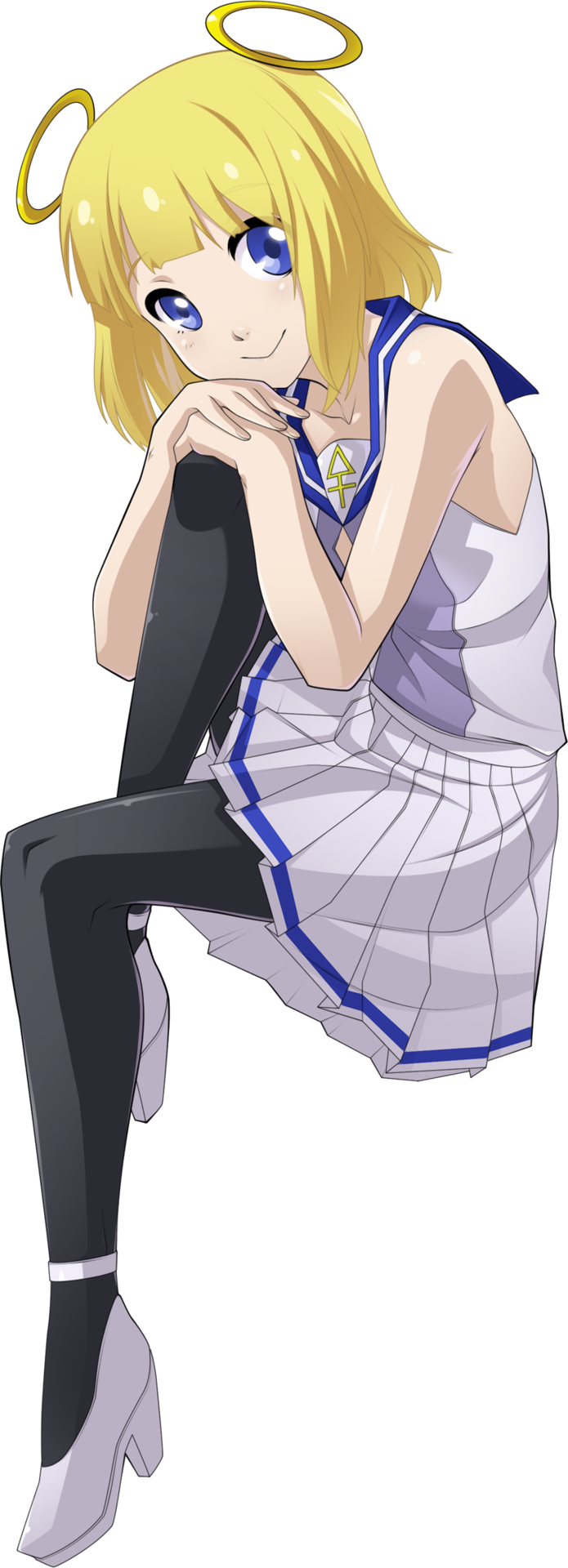 1girl, black_legwear, blonde_hair, blue_eyes, fearless_night, halo, high_heels, highres, knee_to_chest, pantyhose, sailor_collar, shoes, short_hair, skirt, sleeveless, smile, solo, spikewible, uri_(fearless_night)