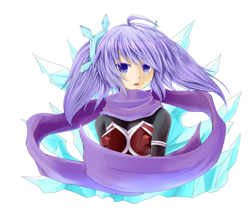 1girl, blush, breasts, dance_princess_of_the_ice_barrier, duel_monster, hiari, highres, looking_at_viewer, purple_hair, scarf, shintani_tsushiya, simple_background, solo, violet_eyes, white_background, yuu-gi-ou