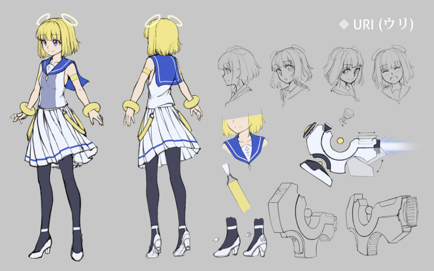 1girl, bangle, black_legwear, blonde_hair, bracelet, character_sheet, expressions, fearless_night