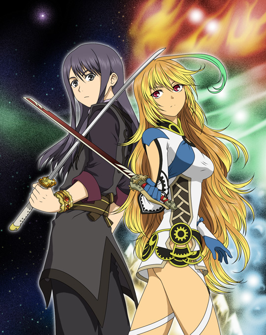 1boy, 1girl, ahoge, belt, black_eyes, black_hair, blonde_hair, bracelet, expressionless, gloves, green_hair, jacket, jewelry, long_hair, milla_maxwell, miniskirt, multicolored_hair, pants, red_eyes, skirt, sword, tales_of_(series), tales_of_vesperia, tales_of_xillia, tales_of_xillia_2, tempyou_kango, two-tone_hair, weapon, yuri_lowell