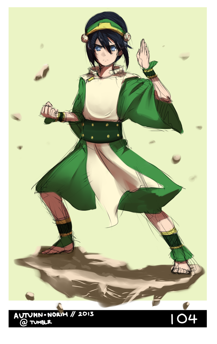 1girl, anklet, autumn-north, avatar:_the_last_airbender, barefoot, black_hair, blind, blue_eyes, chinese_clothes, fighting_stance, hair_bun, hairband, jewelry, short_hair, solo, toph_bei_fong