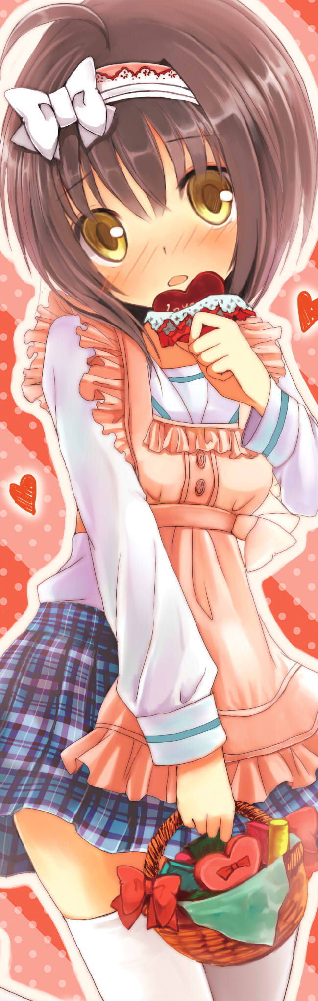 1girl, ahoge, apron, basket, black_hair, blush, brown_eyes, hairband