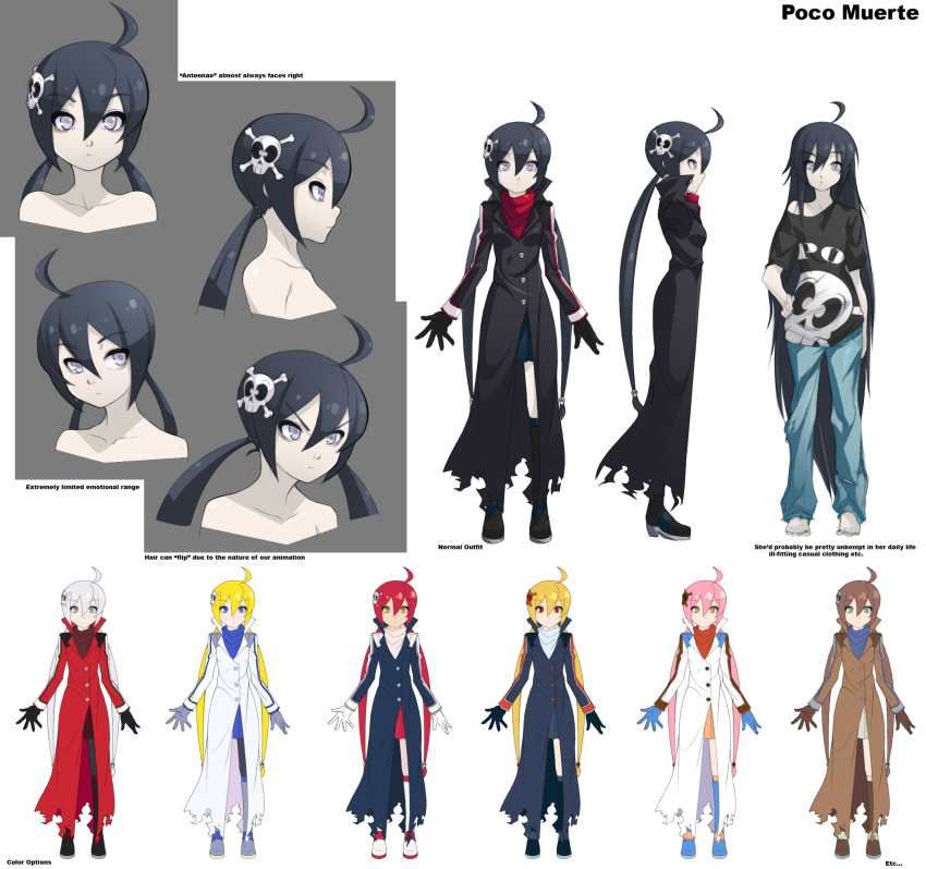 1girl, ahoge, alternate_color, baggy_clothes, barefoot, black_gloves, black_hair, black_legwear