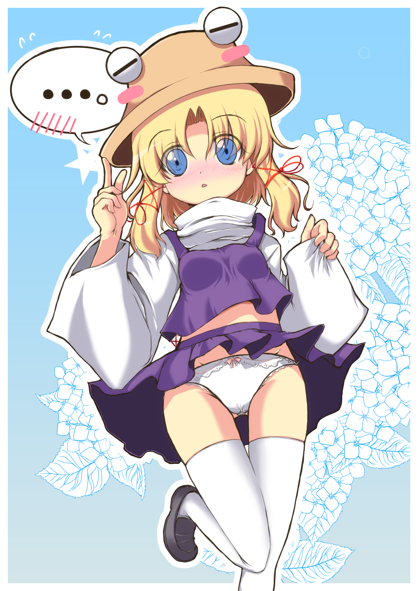1girl, blonde_hair, blue_eyes, blush, blush_stickers, embarrassed, hair_ribbon, hat, highres, kinoeda, midriff, moriya_suwako, panties, pantyshot, ribbon, short_hair, skirt, solo, spoken_blush, thigh-highs, touhou, underwear, upskirt, white_legwear, white_panties, wide-eyed, wide_sleeves