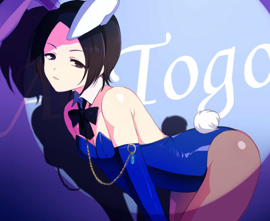 1girl, animal_ears, bare_shoulders, black_eyes, black_hair, bunny_tail, detached_collar, detached_sleeves, hitomi_(ricca), idolmaster, idolmaster_cinderella_girls, pantyhose, rabbit_ears, short_hair, solo, tail, tougou_ai