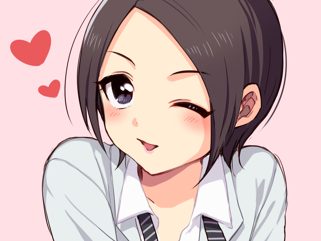 1girl, ;d, black_hair, blush, hitomi_(ricca), idolmaster, idolmaster_cinderella_girls, open_mouth
