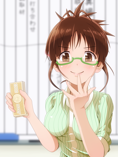 1girl, akizuki_ritsuko, blush, breasts, brown_eyes, brown_hair, glasses, idolmaster