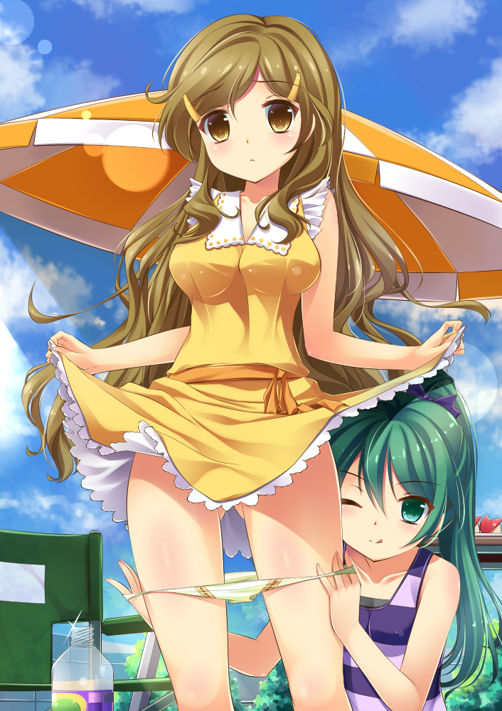 2girls, :q, bottle, bow, brown_eyes, brown_hair, chair, dress