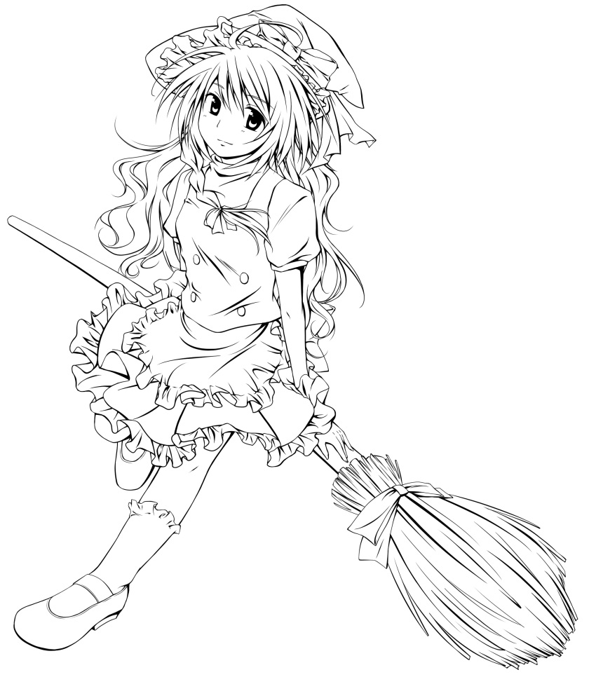 1girl, absurdres, broom, hat, highres, kirisame_marisa, lineart, long_hair