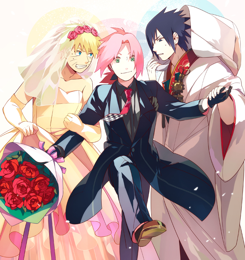 1girl, 2boys, bare_shoulders, black_hair, blonde_hair, blue_eyes, bouquet, crossdressinging