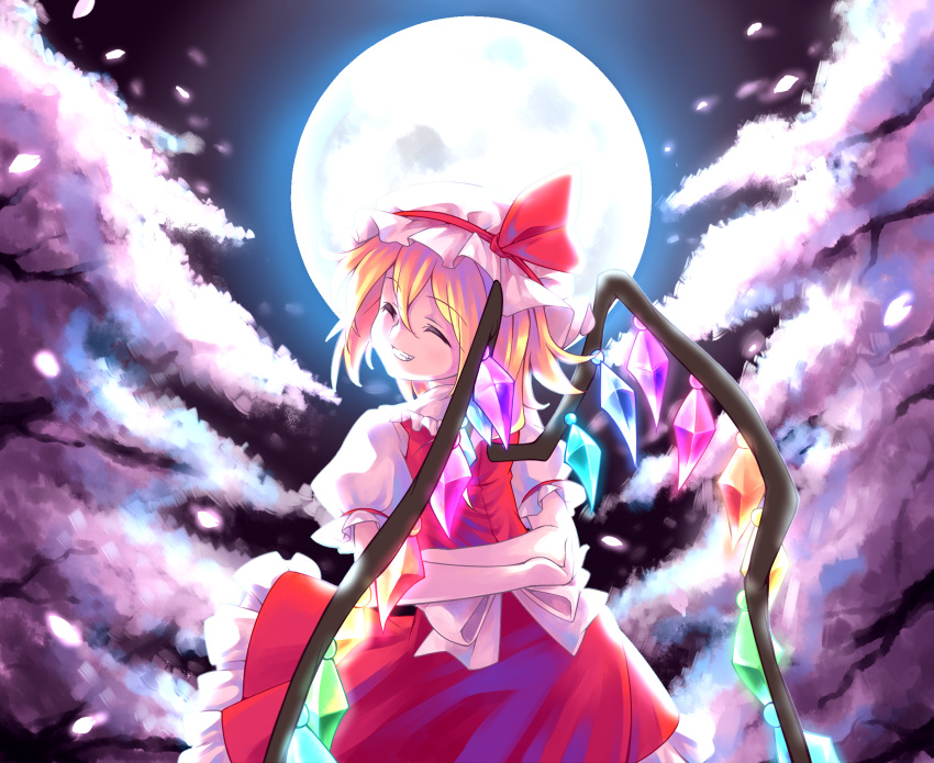 1girl, arms_behind_back, azuki-taste, blonde_hair, bow, cherry_blossoms, closed_eyes, crossed_arms