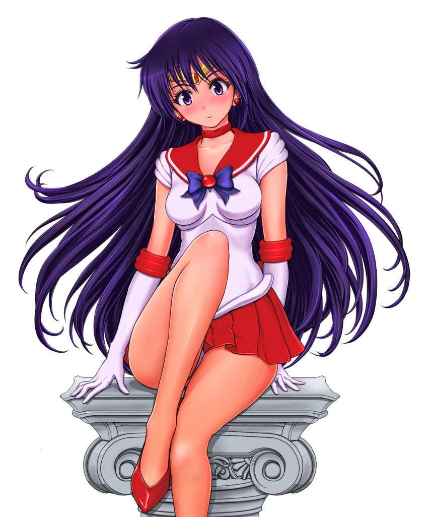 1girl, bishoujo_senshi_sailor_moon, black_hair, choker, collarbone, earrings, elbow_gloves, gloves, high_heels, highres, hino_rei, jewelry, legs, long_hair, looking_at_viewer, magical_girl, panties, pantyshot, pantyshot_(sitting), pedestal, sailor_mars, shoes, simple_background, sitting, skirt, solo, tiara, underwear, violet_eyes, white_background, zzy