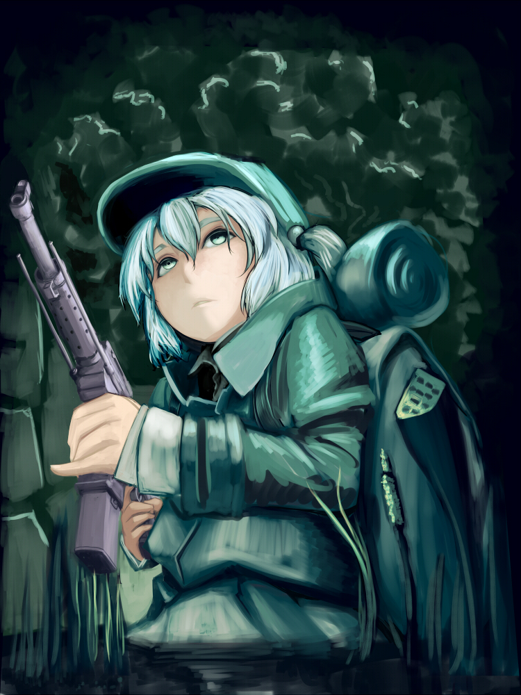 1girl, backpack, bag, bedroll, blue_eyes, blue_hair, cattail, grass