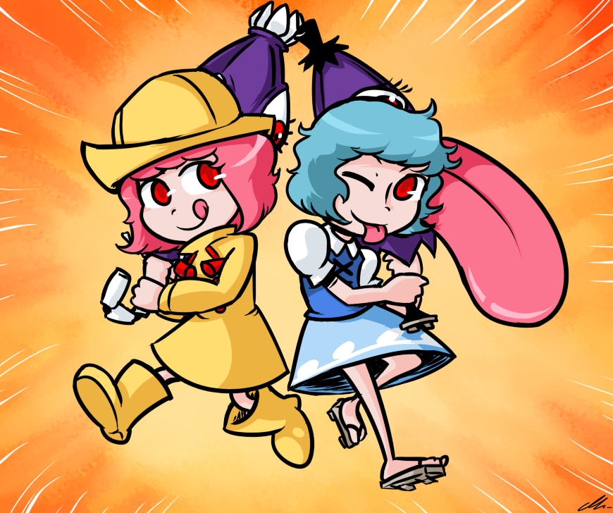 2girls, :p, :q, blouse, blue_hair, crossover, emphasis_lines, geta