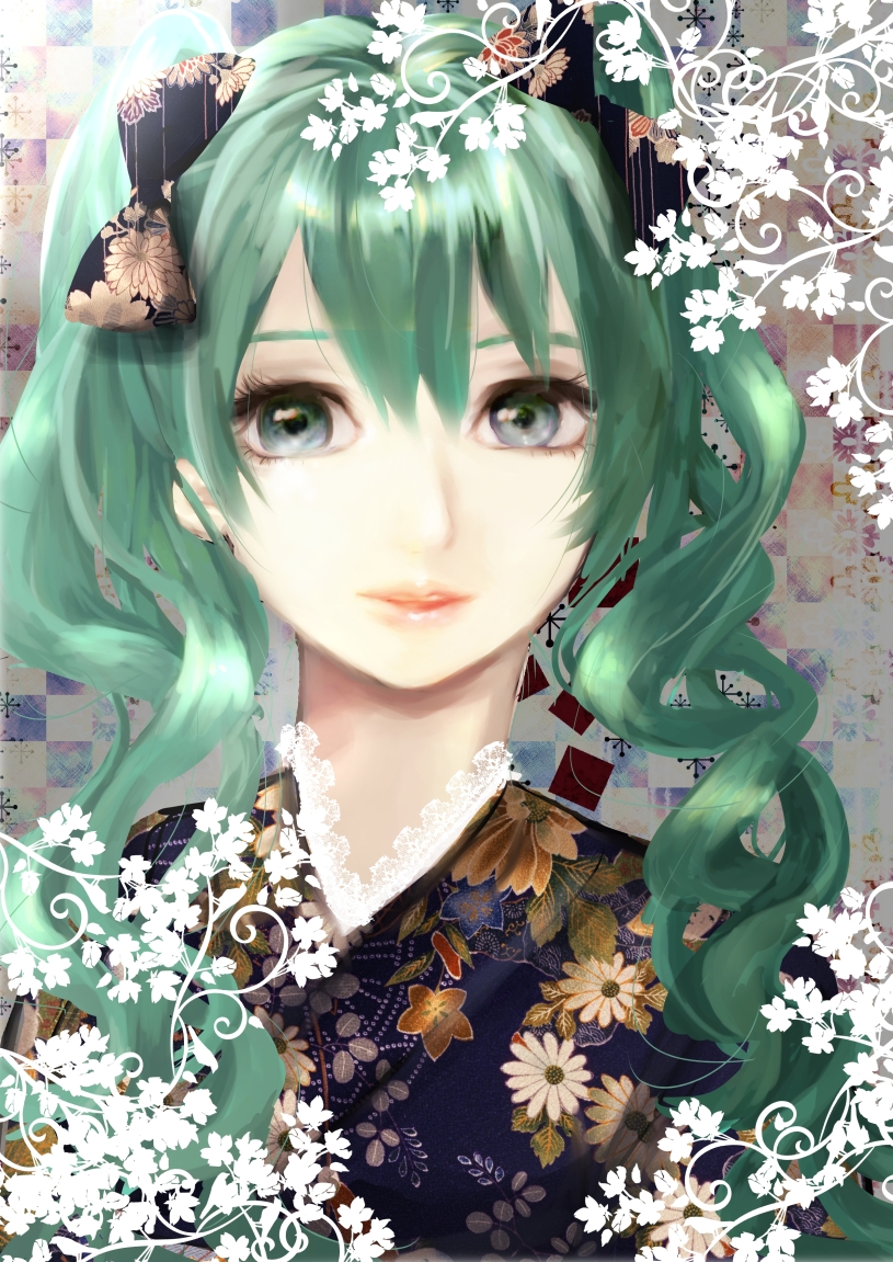 1girl, bust, green_eyes, green_hair, hatsune_miku, lips, solo, twintails