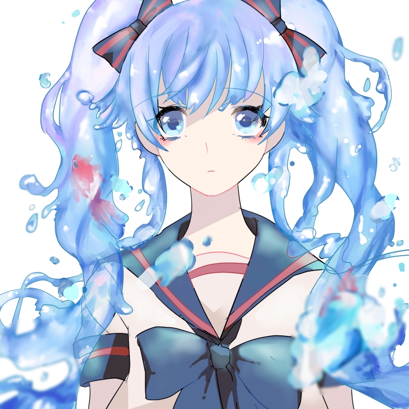 1girl, blue_eyes, blue_hair, bottle_miku, bust, fish, hair_ribbon, hatsune_miku