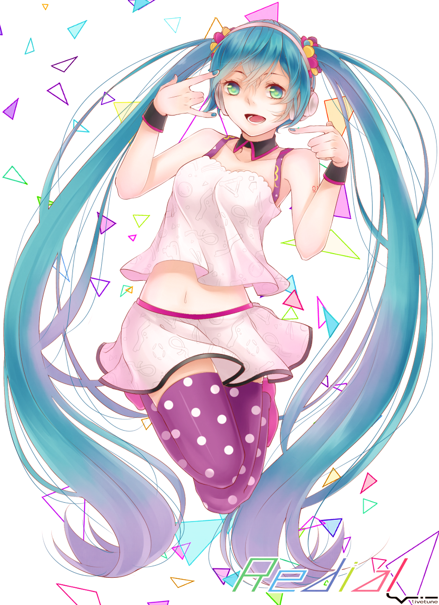 1girl, \m/, aqua_hair, collar, green_eyes, hatsune_miku, headphones, highres