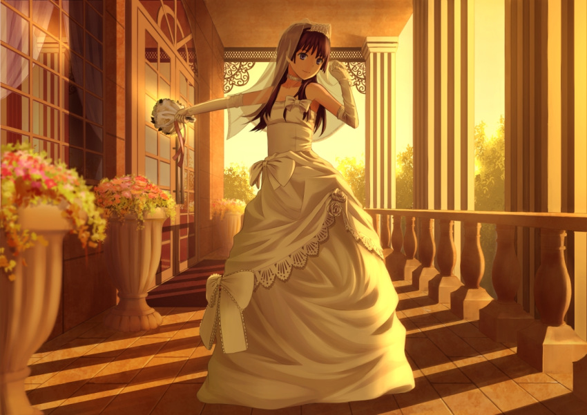 1girl, brown_eyes, brown_hair, dress, flower, gloves, long_hair, saten_ruiko, smile, solo, to_aru_kagaku_no_railgun, to_aru_majutsu_no_index, veil, wedding_dress, white_dress, yubari_rumoi