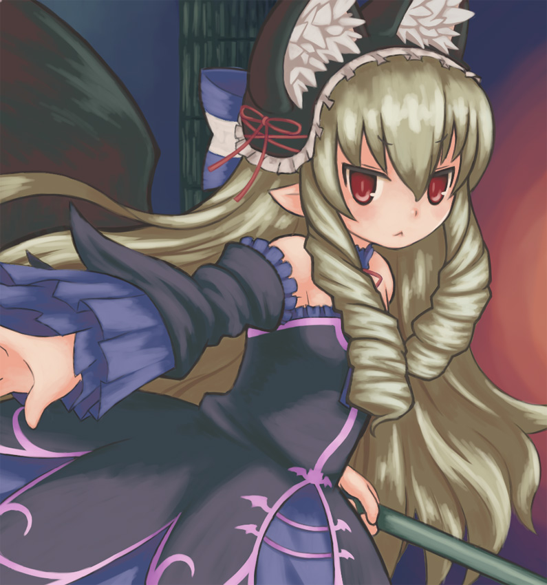 1girl, :<, animal_ears, bat, bow, demon_girl, detached_sleeves, dress