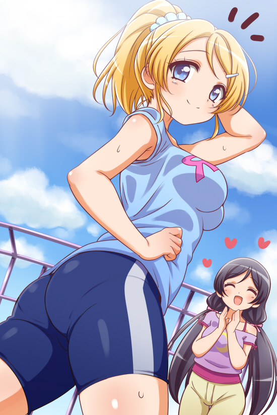 2girls, ass, ayase_eli, black_hair, blonde_hair, blue_eyes, breasts, closed_eyes, clouds, kuga_yoshito, long_hair, love_live!_school_idol_project, multiple_girls, ponytail, smile, toujou_nozomi