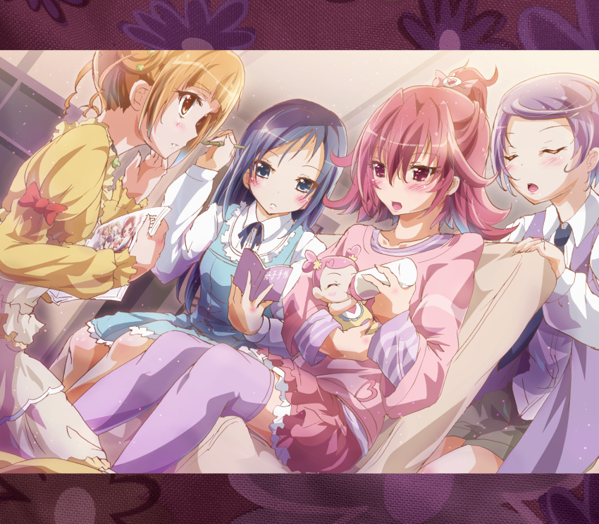 4girls, aida_mana, baby, blue_eyes, blue_hair, blush, book, brown_eyes