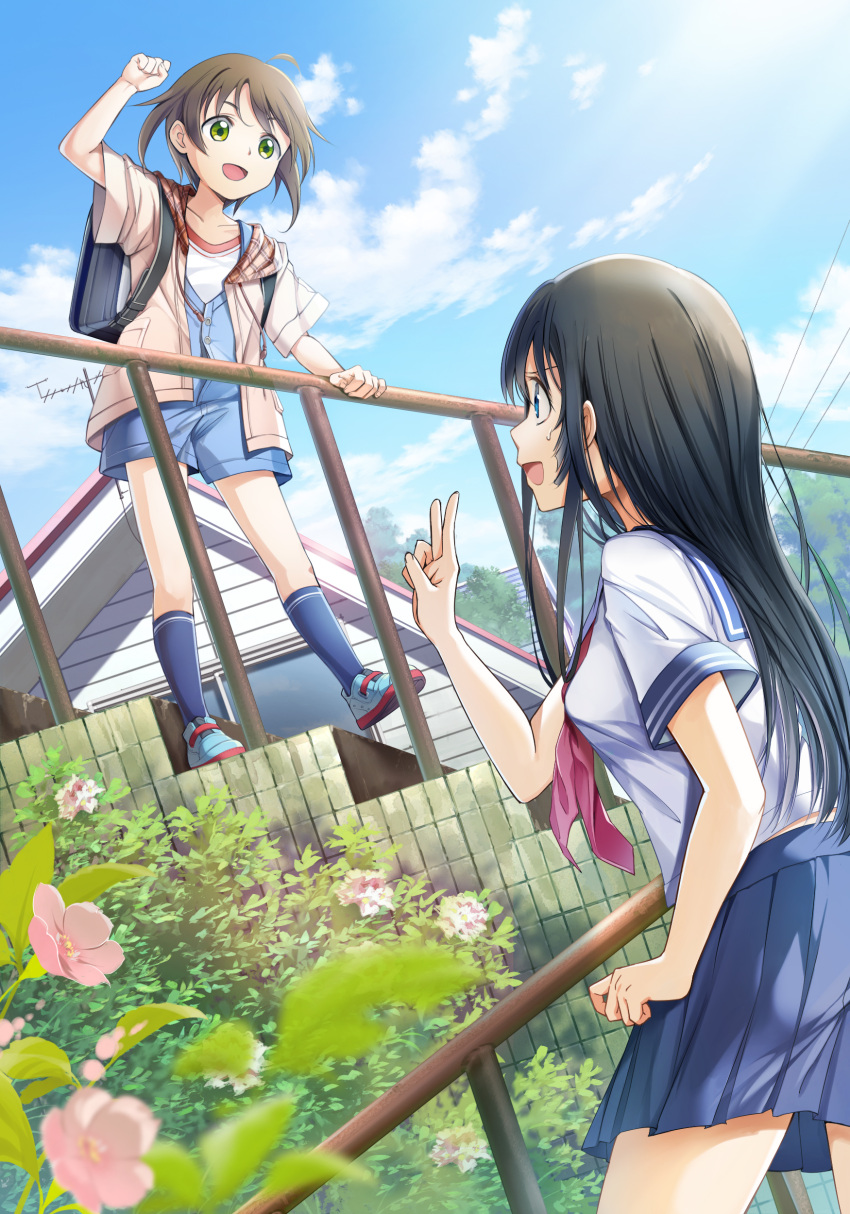 2girls, absurdres, black_hair, blue_eyes, brown_hair, clouds, flower, green_eyes
